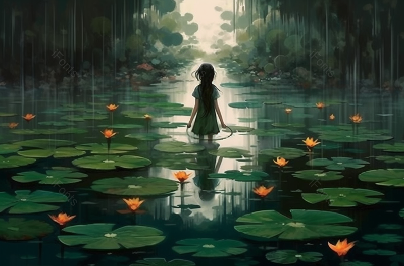 二十四节气夏季夏天立夏小暑一个女孩背影树木丛林间池塘荷塘水塘荷花荷叶绿色背景插画,插画/手绘图,插画/手绘图库,插画/手绘图下载,插画/手绘